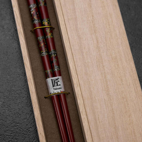 Baguettes en Bois laquées Urushi Gasumi 210mm Rouge avec Coffret en Bois de Paulownia-[Musashi]-[Couteaux de cuisine japonais]