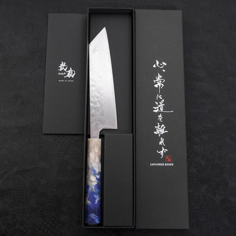 Bunka AUS-10 Nashiji Damascus Mirror Ocean White Blue Handle 170mm (6.7”)-[Musashi]-[Couteaux de cuisine japonais]