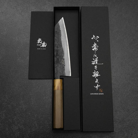 Bunka Blue Steel #2 Revêtement inox Kurouchi Manche en Noyer et Zelkova 180mm-[Musashi]-[Couteaux de cuisine japonais]