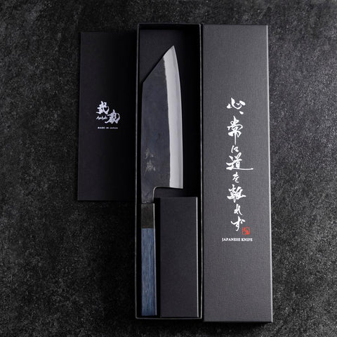 Bunka Revêtement inox Blue Steel #2 Kurouchi Manche Urushi Bleu 170mm-[Musashi]-[Couteaux de cuisine japonais]