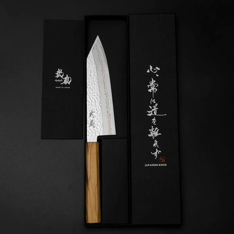 Bunka SLD Damas coloré Tsuchime au nickel Manche en Olivier 170mm Édition limitée-[Musashi]-[Couteaux de cuisine japonais]