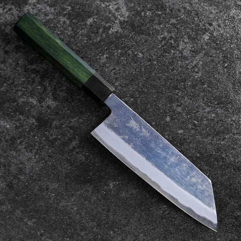 Bunka Stainless Clad Blue Super Kurouchi Green Urushi Handle 170mm (6.7”)-[Musashi]-[Japanese-Kitchen-Knives]