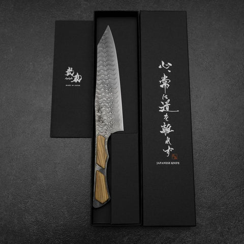 Bunka VG-10 Miroir Damas Manche en Olivier 180mm - Noir-[Musashi]-[Couteaux de cuisine japonais]