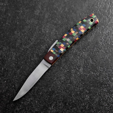 Couteau de Poche VG-10 Plaid Bois Stabilisé Couteau d’Extérieur 55 mm avec Étui Cuir-[Musashi]-[Couteaux de cuisine japonais]