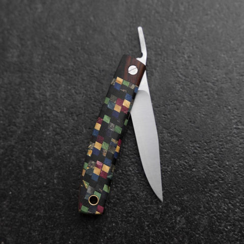 Couteau de Poche VG-10 Plaid Bois Stabilisé Couteau d’Extérieur 55 mm avec Étui Cuir-[Musashi]-[Couteaux de cuisine japonais]