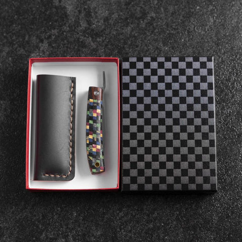Couteau de Poche VG-10 Plaid Bois Stabilisé Couteau d’Extérieur 55 mm avec Étui Cuir-[Musashi]-[Couteaux de cuisine japonais]