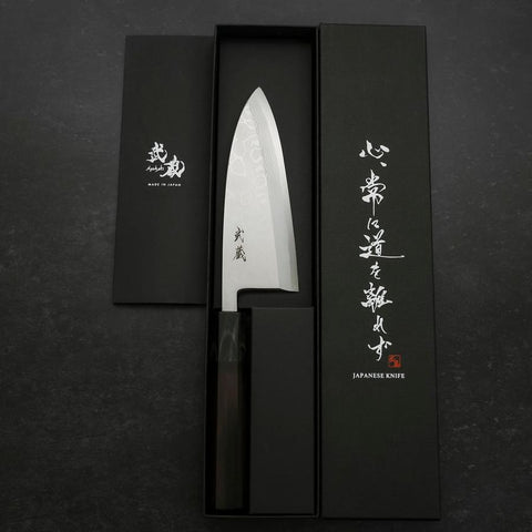 Deba Blue Steel #2 Suminagashi Manche en Buffle et Ébène 150mm-[Musashi]-[Couteaux de cuisine japonais]