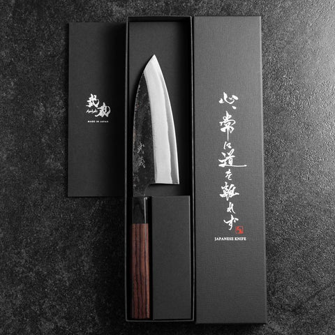 Deba Double-Tranchant Blue Steel #2 Kurouchi Manche en Bois de Rose 150mm-[Musashi]-[Couteaux de cuisine japonais]
