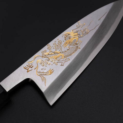 Deba White Steel #2 Kasumi Chokin Dragon Argent Manche en Buffle et Ébène 150mm-[Musashi]-[Couteaux de cuisine japonais]