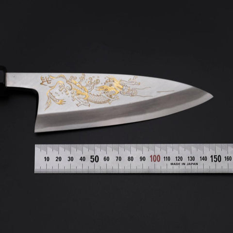 Deba White Steel #2 Kasumi Chokin Dragon Argent Manche en Buffle et Ébène 150mm-[Musashi]-[Couteaux de cuisine japonais]