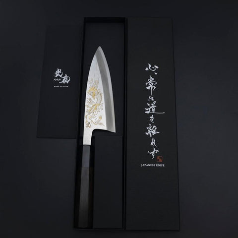 Deba White Steel #2 Kasumi Chokin Dragon Argent Manche en Buffle et Ébène 150mm-[Musashi]-[Couteaux de cuisine japonais]