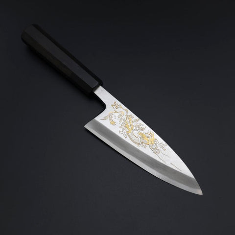 Deba White Steel #2 Kasumi Chokin Dragon Argent Manche en Buffle et Ébène 150mm-[Musashi]-[Couteaux de cuisine japonais]