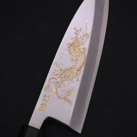 Deba White Steel #2 Kasumi Chokin Dragon Manche Buffle et Ébène 180mm-[Musashi]-[Couteaux de cuisine japonais]