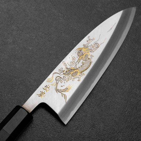 Deba White Steel #2 Kasumi Chokin Dragon Manche en Buffle et Ébène 180mm-[Musashi]-[Couteaux de cuisine japonais]