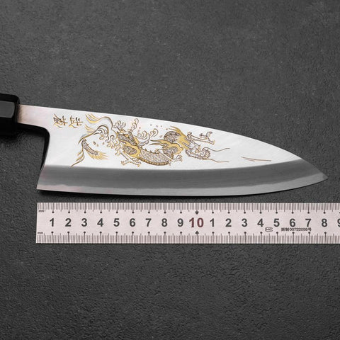 Deba White Steel #2 Kasumi Chokin Dragon Manche en Buffle et Ébène 180mm-[Musashi]-[Couteaux de cuisine japonais]
