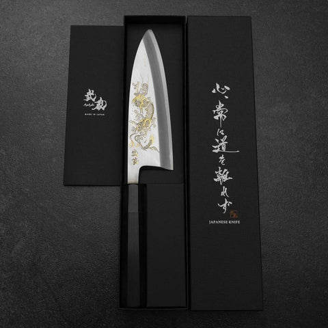 Deba White Steel #2 Kasumi Chokin Dragon Manche en Buffle et Ébène 180mm-[Musashi]-[Couteaux de cuisine japonais]