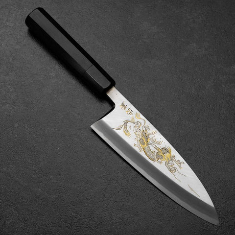 Deba White Steel #2 Kasumi Chokin Dragon Manche en Buffle et Ébène 180mm-[Musashi]-[Couteaux de cuisine japonais]