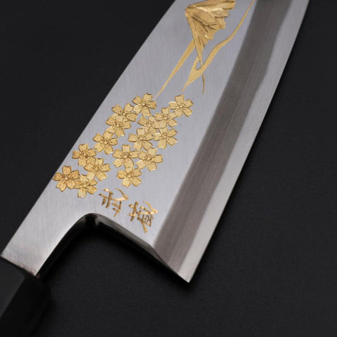 Deba White Steel #2 Kasumi Chokin Gold Sakura-Fuji Buffalo Ebony Handle 150mm (5.9”)-[Musashi]-[Couteaux de cuisine japonais]