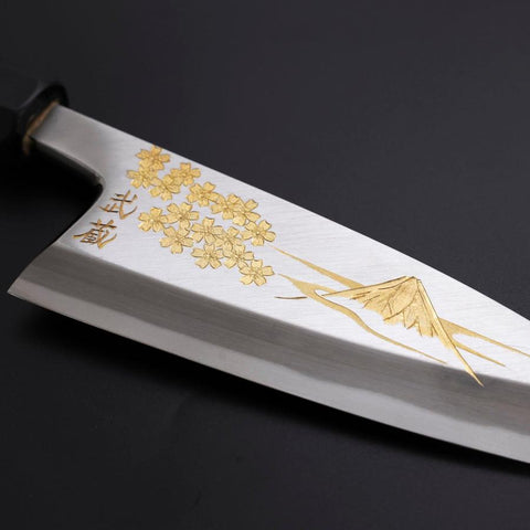 Deba White Steel #2 Kasumi Chokin Gold Sakura-Fuji Buffalo Ebony Handle 150mm (5.9”)-[Musashi]-[Couteaux de cuisine japonais]