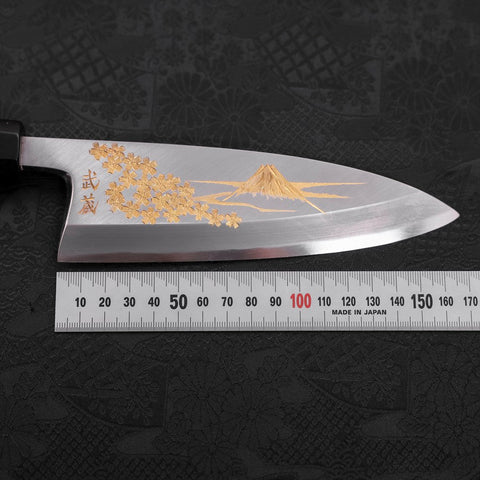 Deba White Steel #2 Kasumi Chokin Gold Sakura-Fuji Buffalo Ebony Handle 165mm (6.5”)-[Musashi]-[Couteaux de cuisine japonais]
