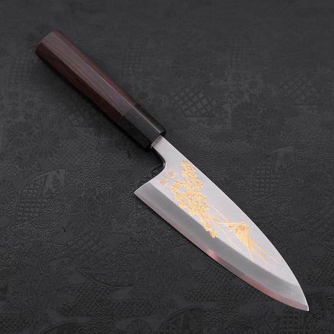 Deba White Steel #2 Kasumi Chokin Gold Sakura-Fuji Buffalo Ebony Handle 165mm (6.5”)-[Musashi]-[Couteaux de cuisine japonais]