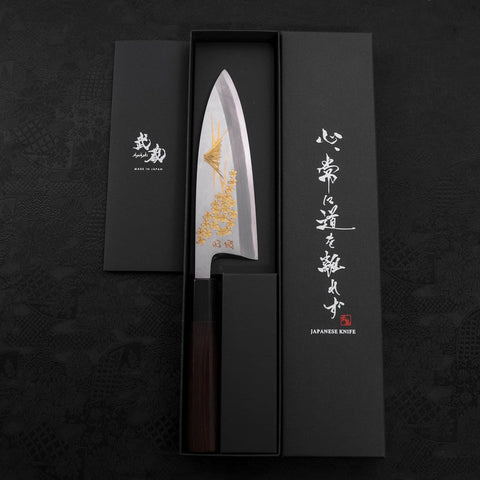 Deba White Steel #2 Kasumi Chokin Sakura-Fuji Or Manche en Buffle et Ébène 165mm-[Musashi]-[Couteaux de cuisine japonais]