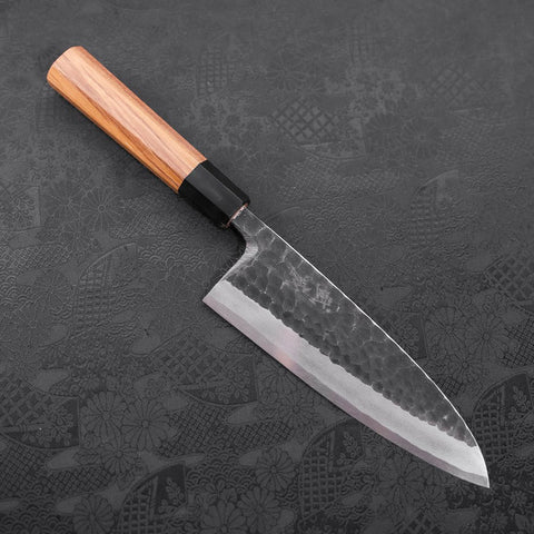 Deba White Steel #2 Kurouchi Tsuchime Manche en Buffle et Bois de Teck 180mm-[Musashi]-[Couteaux de cuisine japonais]