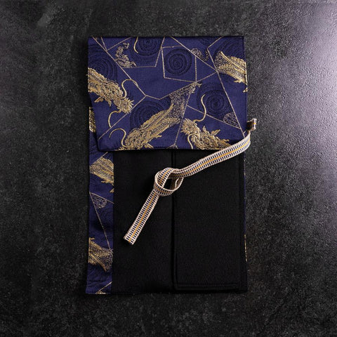 Étui à Couteaux Style Japonais Musashi Bleu Marine et Doré Dragon 1 Pochette Fait Main-[Musashi]-[Couteaux de cuisine japonais]