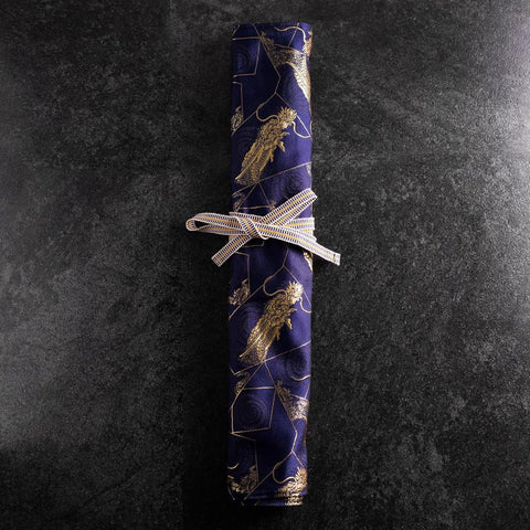Étui à Couteaux Style Japonais Musashi Bleu Marine et Doré Dragon 4 Pochette Fait Main-[Musashi]-[Couteaux de cuisine japonais]