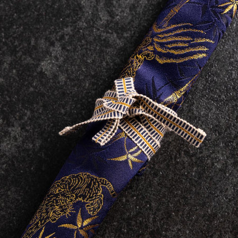 Étui à Couteaux Style Japonais Musashi Bleu Marine et Doré Tigre 1 Pochette Fait Main-[Musashi]-[Couteaux de cuisine japonais]