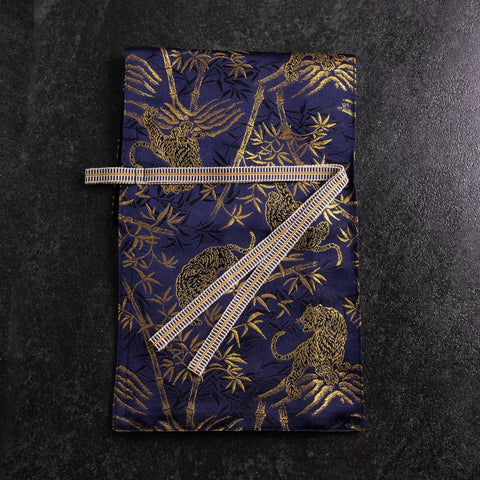 Étui à Couteaux Style Japonais Musashi Bleu Marine et Doré Tigre 1 Pochette Fait Main-[Musashi]-[Couteaux de cuisine japonais]