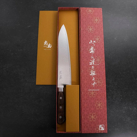 Gyuto AUS-10 Nickel en Vagues Damas Manche Occidental Marron 210mm-[Musashi]-[Couteaux de cuisine japonais]