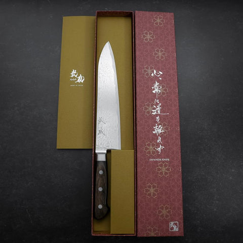 Gyuto AUS-10 Nickel en Vagues Damas Manche Occidental Marron 210mm-[Musashi]-[Couteaux de cuisine japonais]