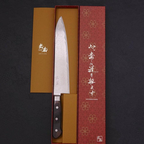 Gyuto AUS-10 Nickel en Vagues Damas Manche Occidental Marron 240mm-[Musashi]-[Couteaux de cuisine japonais]