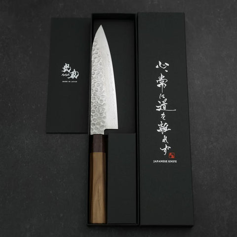 Gyuto AUS-10 Tsuchime Damas Manche en Noyer et Bois de Rose 180mm-[Musashi]-[Couteaux de cuisine japonais]