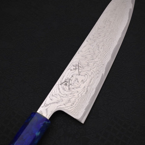 Gyuto AUS-10 Vagues Nickel Damas Manche bleu océan 180mm-[Musashi]-[Couteaux de cuisine japonais]