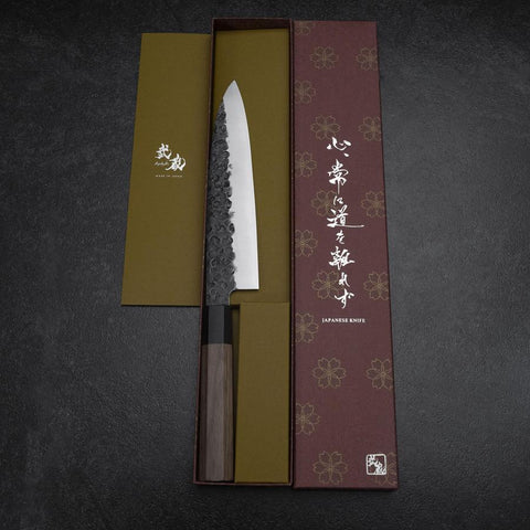 Gyuto AUS-8 Kurouchi Tsuchime Manche en Noyer et Bois de Rose 200mm-[Musashi]-[Couteaux de cuisine japonais]