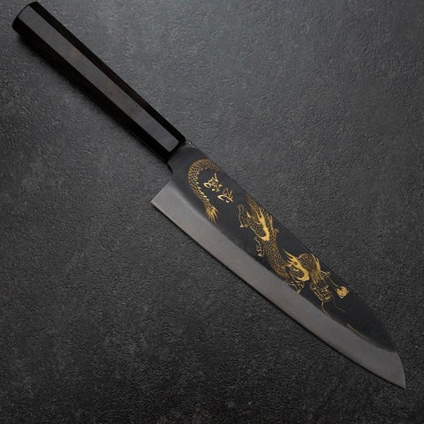 Gyuto Blue Steel #2 Kurouchi Chokin Dragon Buffalo Ebony Handle 210mm (Asamura) (8.3”)-[Musashi]-[Couteaux de cuisine japonais]