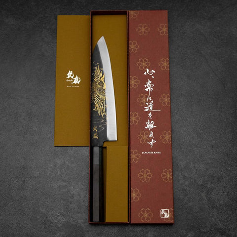 Gyuto Blue Steel #2 Kurouchi Chokin Grue Manche en Buffle et Ébène 210mm-[Musashi]-[Couteaux de cuisine japonais]