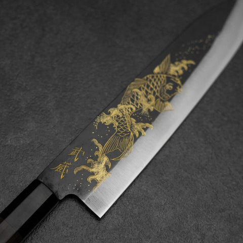Gyuto Blue Steel #2 Kurouchi Chokin Koi Manche en Buffle et Ébène 210mm-[Musashi]-[Couteaux de cuisine japonais]