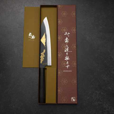 Gyuto Blue Steel #2 Kurouchi Chokin Sakura Fuji Manche en Buffle et Ébène 210mm (Asamura)-[Musashi]-[Couteaux de cuisine japonais]