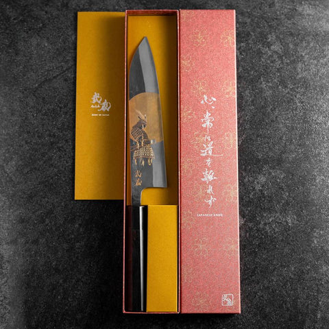 Gyuto Blue Steel #2 Kurouchi Chokin Samourai Pleine Lune Manche en Buffle et Ébène 210mm (Asamura)-[Musashi]-[Couteaux de cuisine japonais]