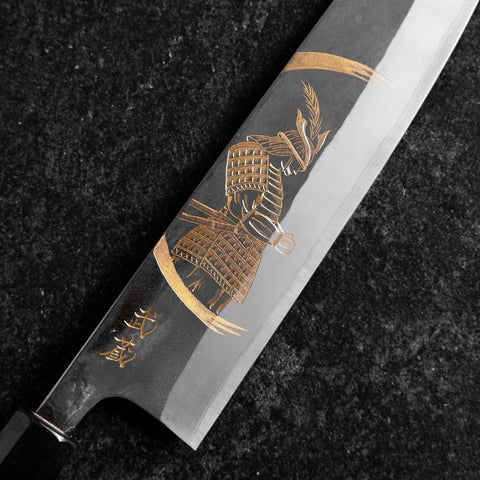Gyuto Blue Steel #2 Kurouchi Chokin Samurai New-Moon Buffalo Ebony Handle 210mm (Asamura) (8.3”)-[Musashi]-[Couteaux de cuisine japonais]