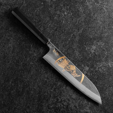 Gyuto Blue Steel #2 Kurouchi Chokin Samurai New-Moon Buffalo Ebony Handle 210mm (Asamura) (8.3”)-[Musashi]-[Couteaux de cuisine japonais]
