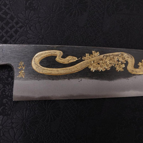 Gyuto Blue Steel #2 Kurouchi Chokin Serpent-Sakura Manche en Buffle et Ébène 210mm-[Musashi]-[Couteaux de cuisine japonais]