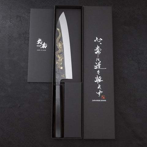 Gyuto Blue Steel #2 Kurouchi Revêtement Inox Chokin Dragon Manche en Buffle et Ébène 180mm-[Musashi]-[Couteaux de cuisine japonais]