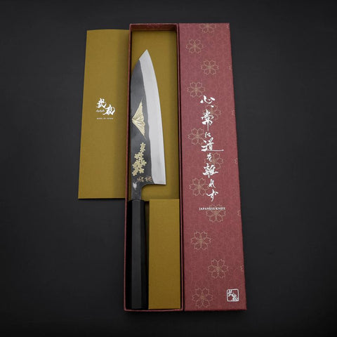Gyuto Blue Steel #2 Kurouchi Revêtement Inox Chokin Sakura-Fuji Manche en Buffle et Ébène 210mm-[Musashi]-[Couteaux de cuisine japonais]