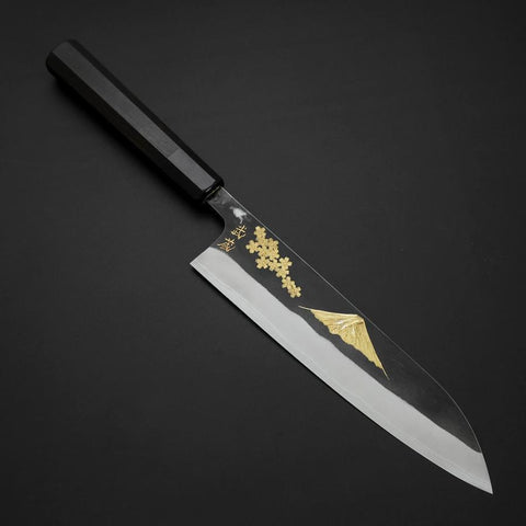 Gyuto Blue Steel #2 Kurouchi Revêtement Inox Chokin Sakura-Fuji Manche en Buffle et Ébène 210mm-[Musashi]-[Couteaux de cuisine japonais]