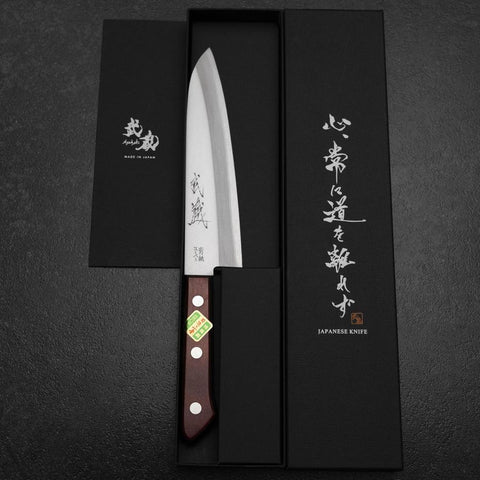 Gyuto Blue Super Revêtement inox Poli Manche Occidental Noir et Rouge 180mm (Tsuba-nashi)-[Musashi]-[Couteaux de cuisine japonais]