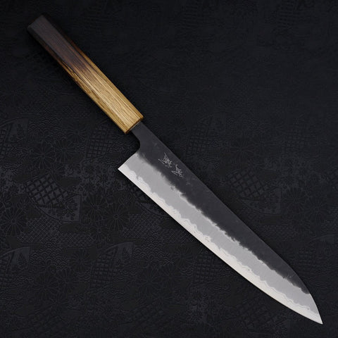 Gyuto Revêtement Inox Blue Super Kurouchi Nashiji Manche Yaki Urushi 240mm-[Musashi]-[Couteaux de cuisine japonais]